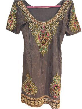 Indian Taupe Sequin Jeweled Embroidered Ornate Tunic Kurta Wms S Bollywood